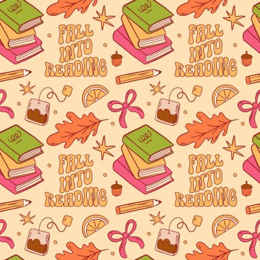 Canlı ve renkli bir sonbahar temalı desen. Kitaplar, yapraklar ve rahat okunmuş elementler sergiliyor.