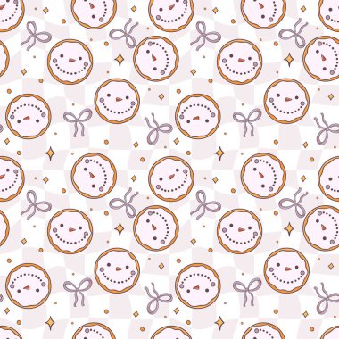 Snowman Gingerbread Cookies and Pink Bows Checkerboard Pattern. Vector illustration clipart