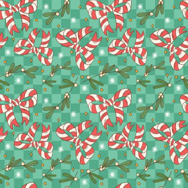 Yeşil arka planda şeker kamışları ve ökseotu içeren kusursuz tatil temalı desenler. Noel süslemeleri, hediye ambalajları ve şenlikli tekstil ürünleri için mükemmel. Vektör illüstrasyonu
