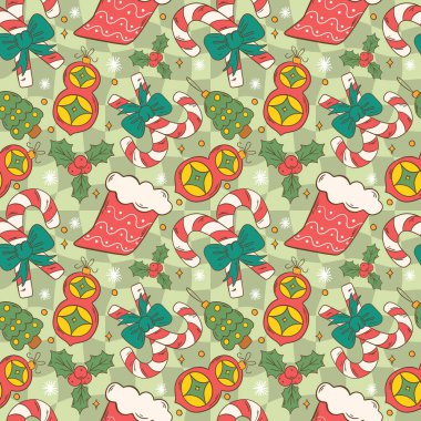 Şekerler, çoraplar ve Holly gibi Noel elementlerini içeren kusursuz bir şenlik düzeni. Renkli ve neşeli çizimler mevsimin ruhunu yansıtıyor. Vektör illüstrasyonu