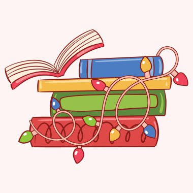 Renkli Kitap Yığını Neşeli İp Işıklarıyla Örtülmüş. Vektör illüstrasyonu