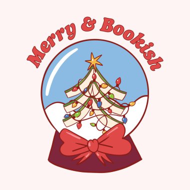 Kitaplardan yapılmış bir Noel ağacı ve renkli ışıklar ve fiyonkla süslenmiş bir kar küresinin büyüleyici bir çizimi. Tatil ve kitap tutkunları için mükemmel..