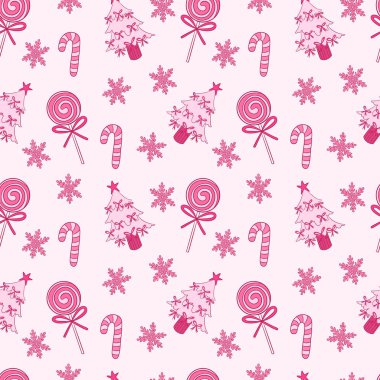 Noel ağaçları, şeker kamışları, lolipoplar ve kar tanecikleri gibi neşeli unsurları içeren büyüleyici pembe desenler.