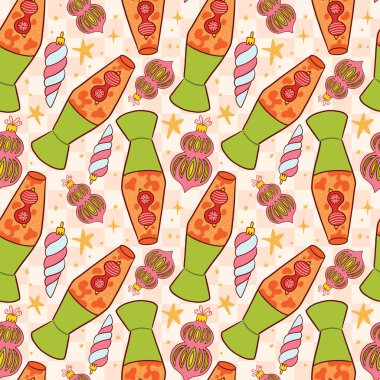 Renkli Retro Lava Lambası ve Süs Şablonu Çizimi. Vektör illüstrasyonu