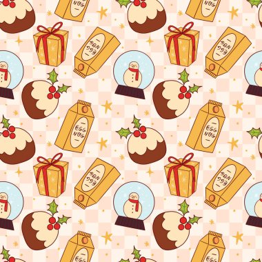 Puding, Hediye ve Kar Küresi ile Şenlikli Noel Şablonu. Vektör illüstrasyonu