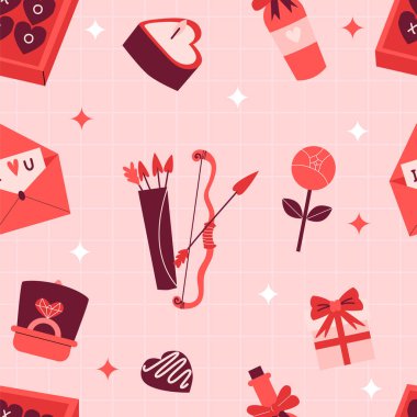 Hediyeler, kalpler ve oklar gibi romantik unsurların yer aldığı resimli Sevgililer Günü deseni. Aşkı ve sevgiyi kutlamak için mükemmel. Yumuşak bir arka planda canlı kırmızı ve pembe tonlarla..