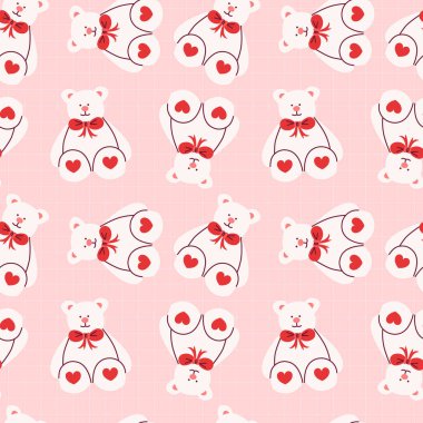 Pembe Arkaplanda Kalpli Şirin Ayı Deseni. Vektör illüstrasyonu