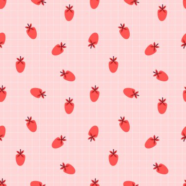 Sevimli Kırmızı Çilek Çizimleriyle Kusursuz Pembe Desen. Vektör illüstrasyonu