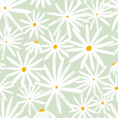 Açık Yeşil Arkaplanda Beyaz Papatya Çiçeklerinin Kusursuz Şablonu. Vektör illüstrasyonu