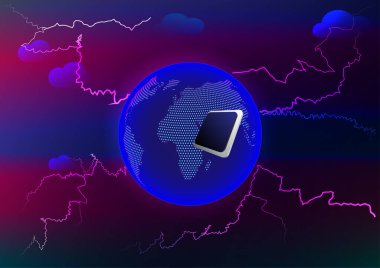 Soyut arkaplan dünyası mikroçip yıldırımı şimşek işareti İnternet ağ iletişim teknolojisi iş illüstrasyonu