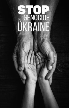 male hands hold childrens on a dark background with words stop genocide in ukraine black and white color. concept needs help and support, truth will win clipart