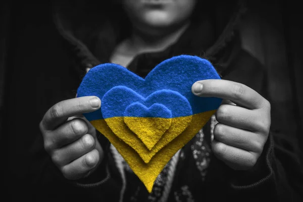 Ребенок Держит Окрашенное Желтое Синее Сердце Маленьких Руках Черный Белый — стоковое фото
