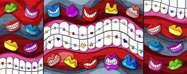 Usta Aparat Ortodontyczny Ząb Wzór Kreatywny Design Ściany Farba — Zdjęcie stockowe