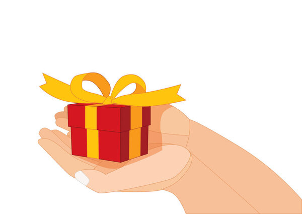 красный подарочный коробок в дизайне руки человека на белом фоне