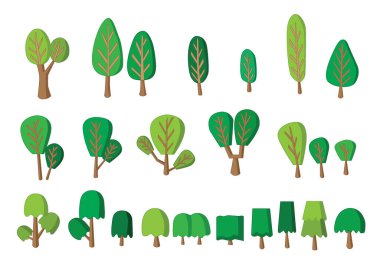 Beyaz arkaplan illüstrasyon vektöründe izole edilmiş yeşil ağaç taze set koleksiyonu