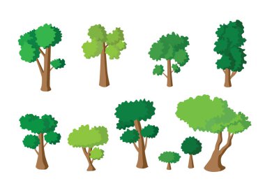 Beyaz arkaplan illüstrasyon vektöründe izole edilmiş yeşil ağaç taze set koleksiyonu