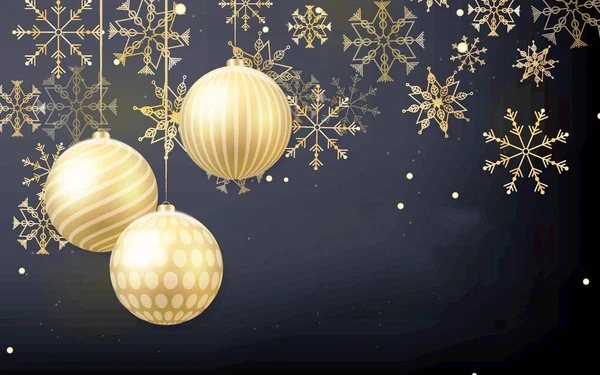 Holiday Christmas card background with festive decoration ball, and stars on a black background. Merry Christmas and Happy New Year. Illustration.