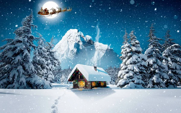 Composite Image Christmas Tree House Aurora Night Sky Blue — Stock Photo, Image