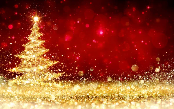 Árbol Navidad Brillante Brillo Dorado Brillando Fondo Rojo Ilustración —  Fotos de Stock