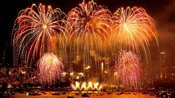 Niesamowite Piękne Kolorowe Fajerwerki Wyświetlane Noc Świętowania Pokazując Wielokolorowe Refleksje — Zdjęcie stockowe