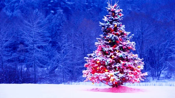 Καλά Χριστούγεννα Πολύ Λαμπερό Χριστουγεννιάτικο Δέντρο Μπλε Φόντο — Φωτογραφία Αρχείου
