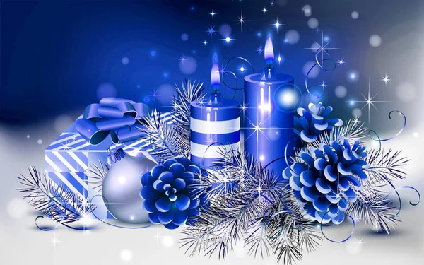 Niebieskie Prezenty Niebieskimi Świecami Dekoracje Świąteczne Ilustracja — Zdjęcie stockowe