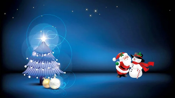 Święty Mikołaj Bałwan Choinką Niebieskim Tle Ilustracja — Zdjęcie stockowe