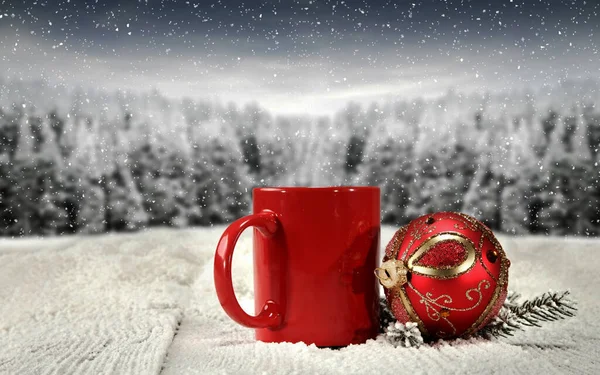 Samenstelling Kerst Met Rode Kleur Mok Ornament Met Een Rode — Stockfoto