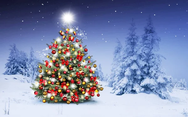 Estrella Iluminada Árbol Navidad Con Nieve Cayendo Felices Vacaciones —  Fotos de Stock