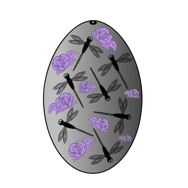 Dragon Fly Silhouette Lavender Roses Egg Oval Design — Stock Vector