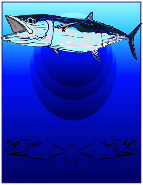 Full Colored King Mackerel Fish Underwater Design Frame — Stock Vector