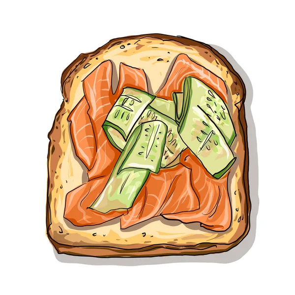 Komkommer Zalmschijfje Toast Traditionele Broodmaaltijd Platte Pictogram Vector Illustratie — Stockvector