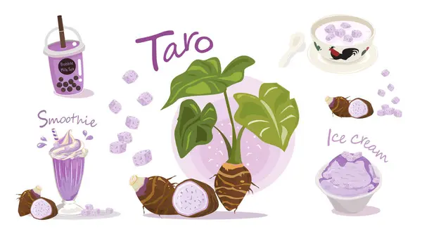 Taro Delghts Bubble Tea Smoothie Ice Cream Vector Illustratie Set — Stockvector