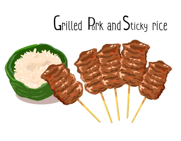 Succulent Grilled Pork Skewers Met Aromatische Sticky Rice Vector Illustratie — Stockvector