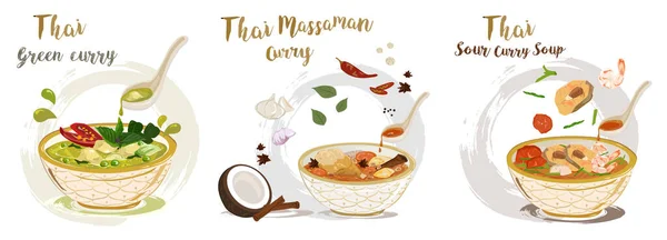 Assorted Thai Curry Delghts Groene Curry Massaman Zure Curry Soep — Stockvector