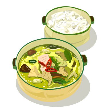 Geleneksel Tencerelerde Yeşil Körili Pirinç Eriştesi Lezzetli Asya Mutfak Vektörü İllüstrasyonu