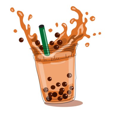 Tapyoka incileriyle buzlu süt çayını tazeliyor ve fincanda su sıçrama efekti yapıyor.