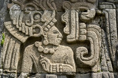 Bas-reliefs on the pyramide of the feathered snake (Quetzalcoatl pyramide). Xochicalco site. Morelos State.Mexico.
