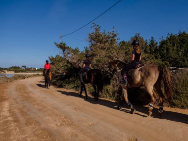Atlılar Estany des Peix, Formentera, Pitiusas Adaları, Balear Community, İspanya yakınlarındaki yeşil bir rotada seyahat ediyorlar.