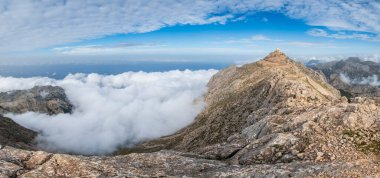 top of Puig Major with the radar installations surrounded by mist, Serra de Tramuntana, Majorca, Balearic Islands, Spain