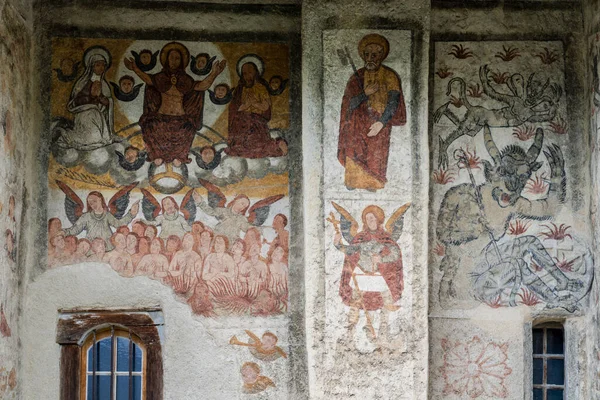 Wandmalereien Der Hölle Und Des Teufels Romanische Kirche Mont Dorf — Stockfoto