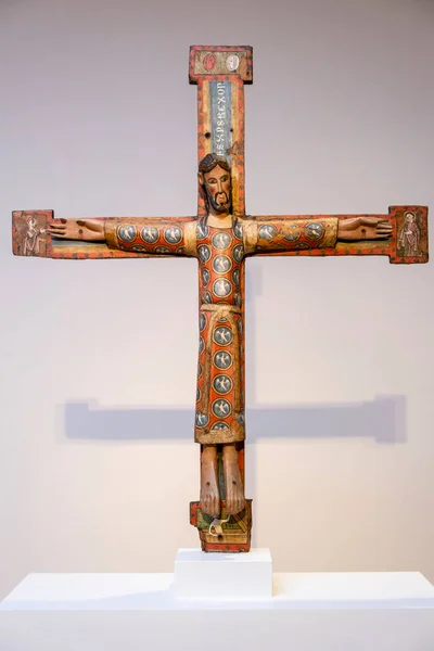 Anonym Katalanska Majestät Kristus Korset Snidade Och Polykrom Trä Slutet — Stockfoto