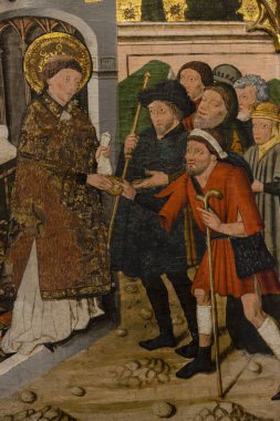 Retablo de San esteban, pintura al Temple ayık tabla, siglo XV, de iglesia del manastır de San Pedro, siglos XI-XII, Siresa, valle de Hecho, pirineo aragones, Huesca, İspanya