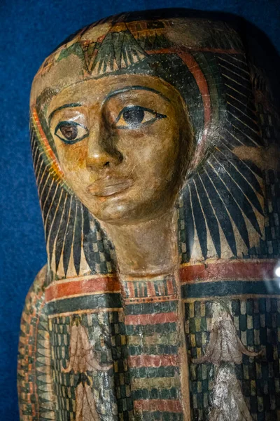 coffin cover of a priestess, polychrome wood, necropolis of ancient Thebes, third intermediate period,  Spain