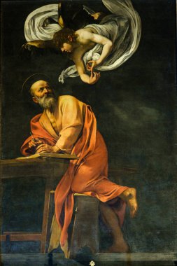 Aziz Matthew (ya da Aziz Matthew ve Melek), Capilla Contarelli 'den esinlenerek, barok ustası Caravaggio, San Luigi dei Francesi Kilisesi, Roma, Lazio, İtalya
