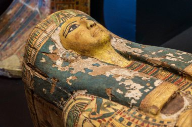 Anet 'in antropomorfik mumya tabutu, ahşap, Deir el-Medina, 20 hanedan, resim detayı, Gregorian Mısırlı Musei Vaticani, Vatikan Devleti, Roma, Lazio, İtalya