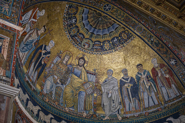 apse, mosaic with the Coronation of the Virgin, 12th century, work of Pietro Cavallini, The Basilica of Santa Maria in Trastevere, Founded in the 3rd century by Pope Callistus I, Rome, Lazio, Italy