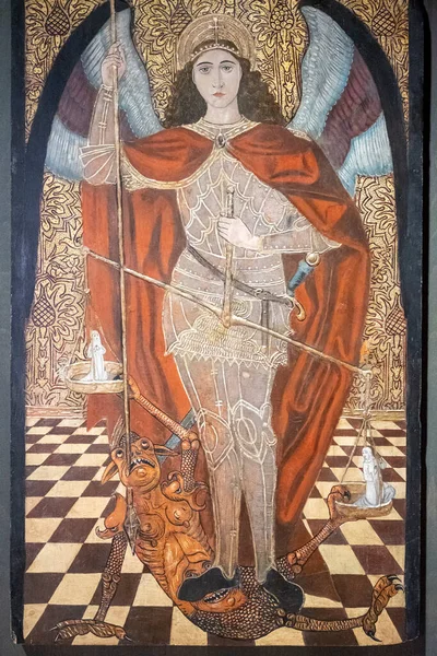 Sfântul Arhanghel Mihail Învingând Diavolul Secolul Xvi Lea Ulei Panou — Fotografie, imagine de stoc
