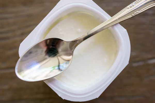 Yogurt Naturale Cucchiaino Maiorca Isole Baleari Spagna — Foto Stock
