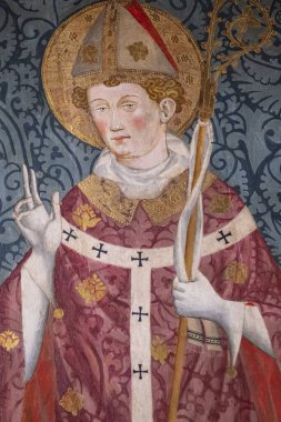 Aziz Nicolau piskopos gibi giyinmiş, Gabriel Moger, 1407-1410, ahşap, Roser Vell kilisesi, Mayorka, İspanya